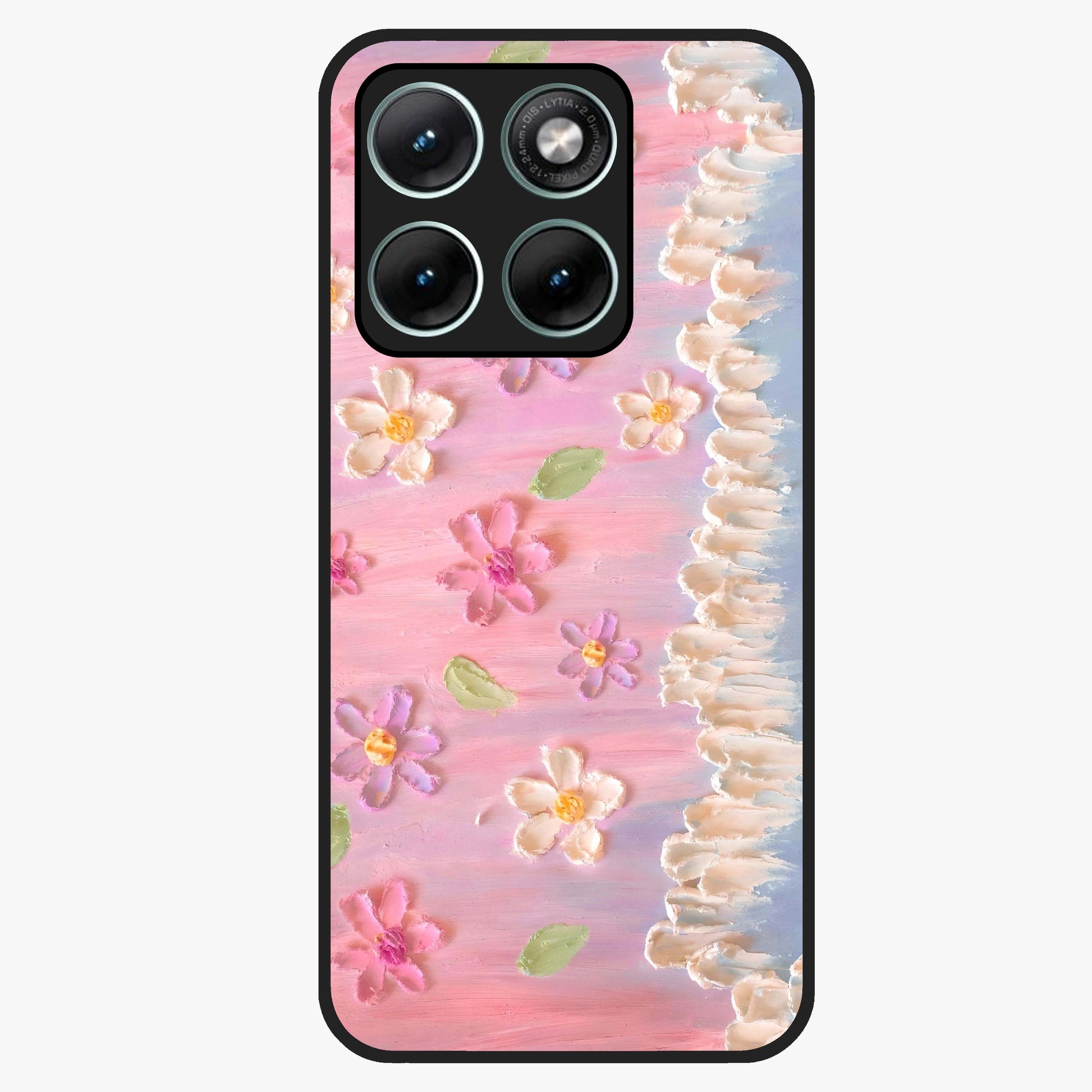 Dreamy Painted Garden Glass Case showing flat back view with artistic painted floral garden artwork and glossy glass finish.