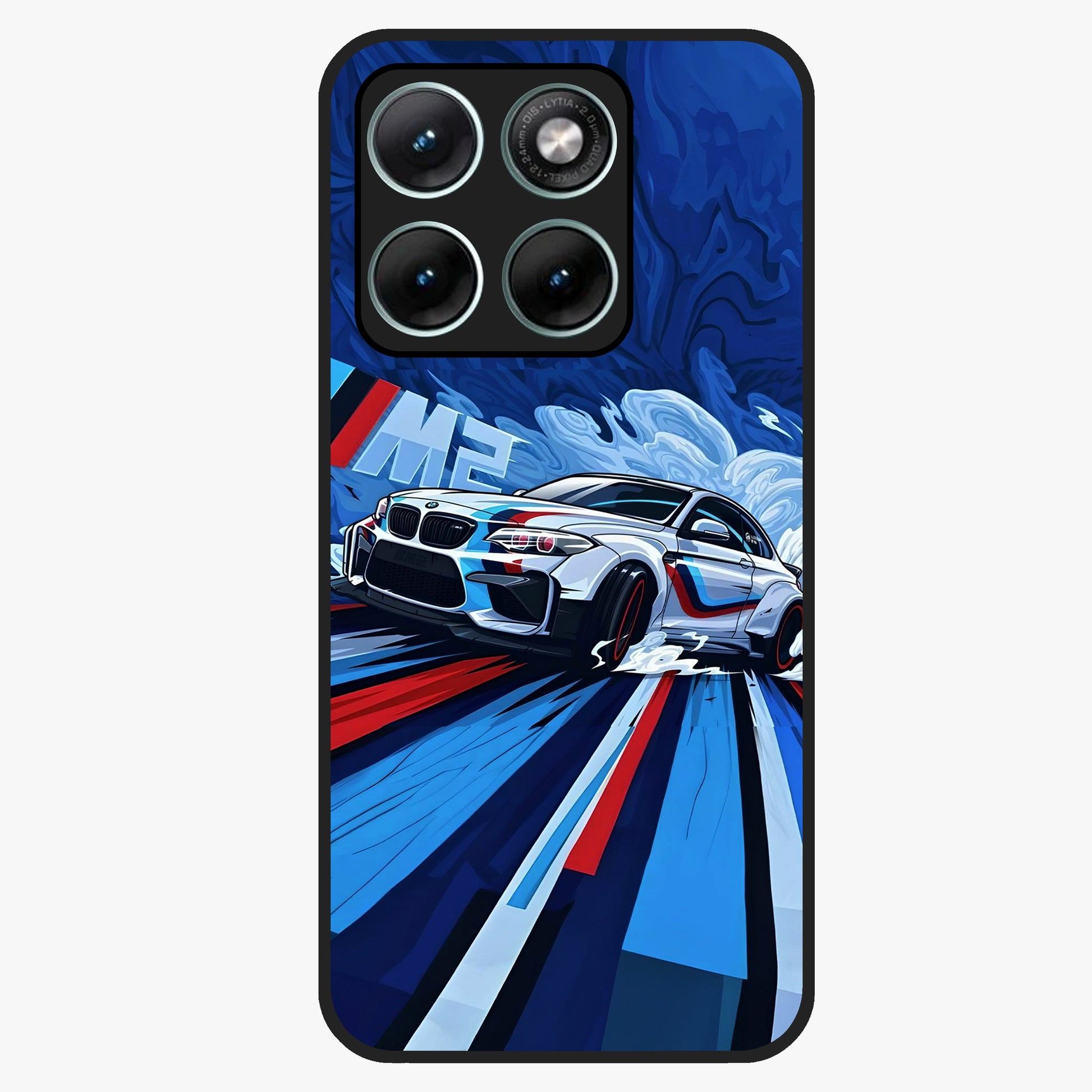 Drift Power Rush Glass Case showing flat back view with dynamic racing inspired artwork and glossy glass finish.