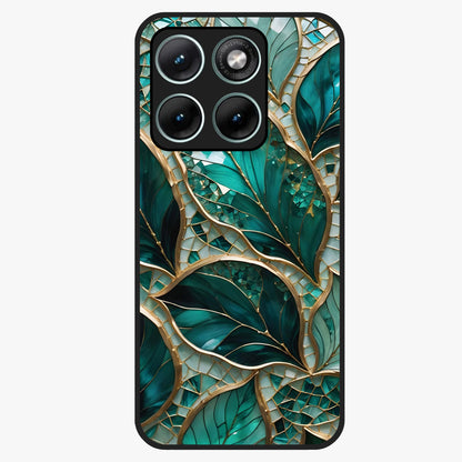 Emerald Leaf Glass Glass Case showing flat back view with emerald green leaf artwork and glossy glass finish.