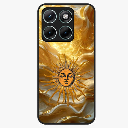 Eternal Golden Glow Glass Case showing flat back view with radiant golden themed artwork and glossy glass finish.