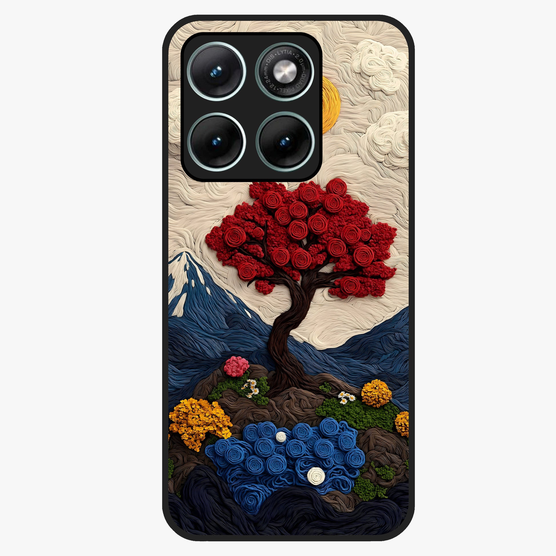 Eternal Nature Tapestry Glass Case showing flat back view with intricate nature tapestry artwork and glossy glass finish.