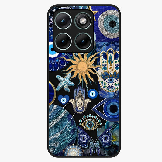 Evil Eye Charm Mix Glass Case showing flat back view with multiple evil eye charms artwork and glossy glass finish.