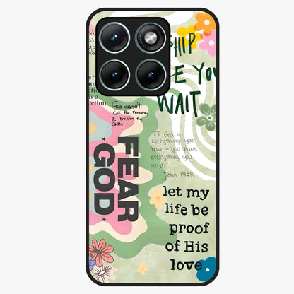 Faith Over Fear Glass Case showing flat back view with motivational typography artwork and glossy glass finish.