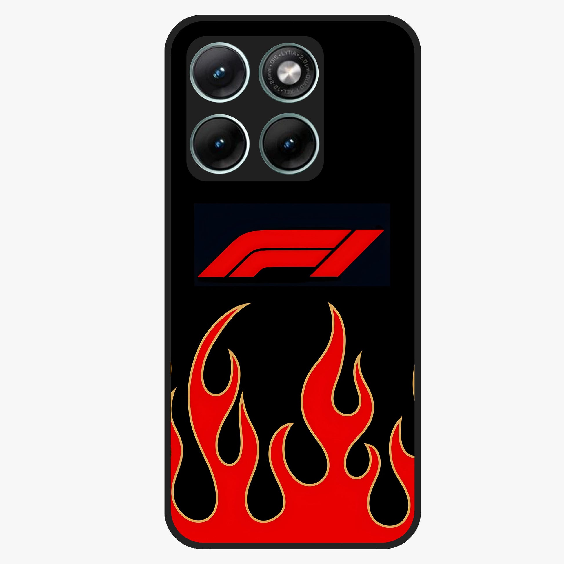 Fire F11 Glass Case showing flat back view with fiery themed artwork and glossy glass finish.