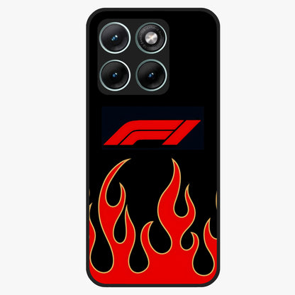 Fire F11 Glass Case showing flat back view with fiery themed artwork and glossy glass finish.