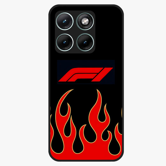 Fire F11 Glass Case showing flat back view with fiery themed artwork and glossy glass finish.