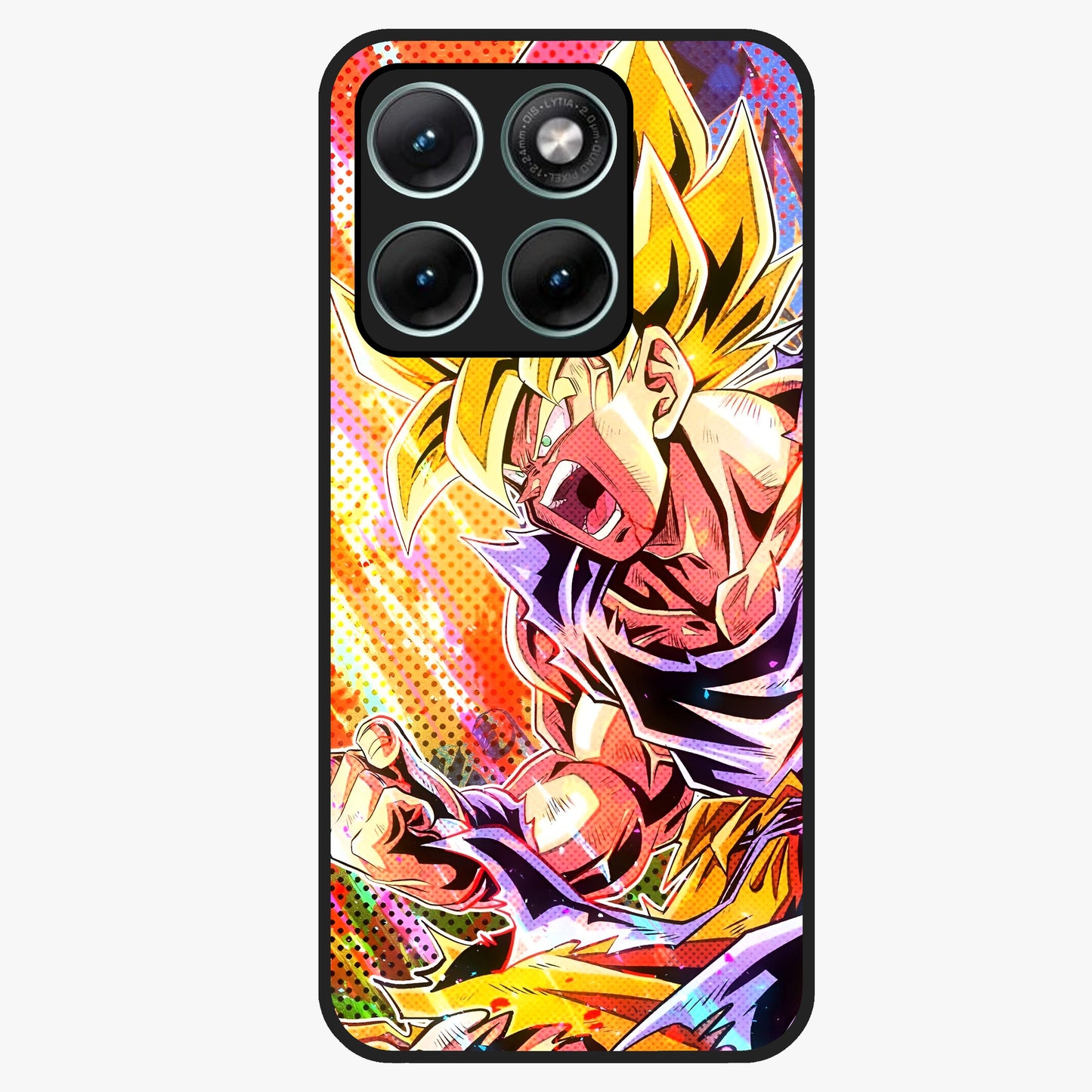 Firing Goku Glass Case showing flat back view with powerful anime inspired artwork and glossy glass finish.