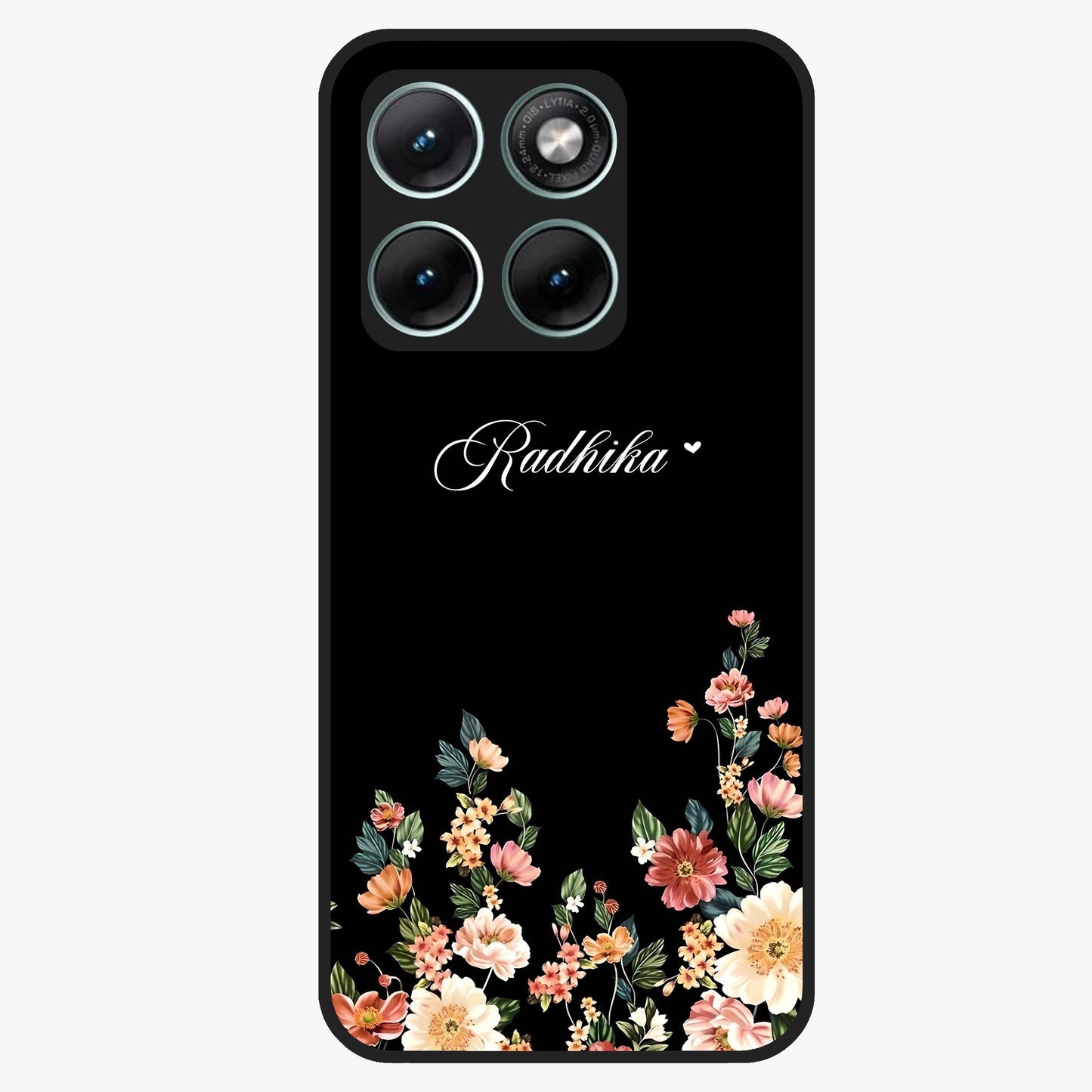 Floral Design With a Custom Personalized Name Glass Case showing flat back view with floral artwork and personalized name design.