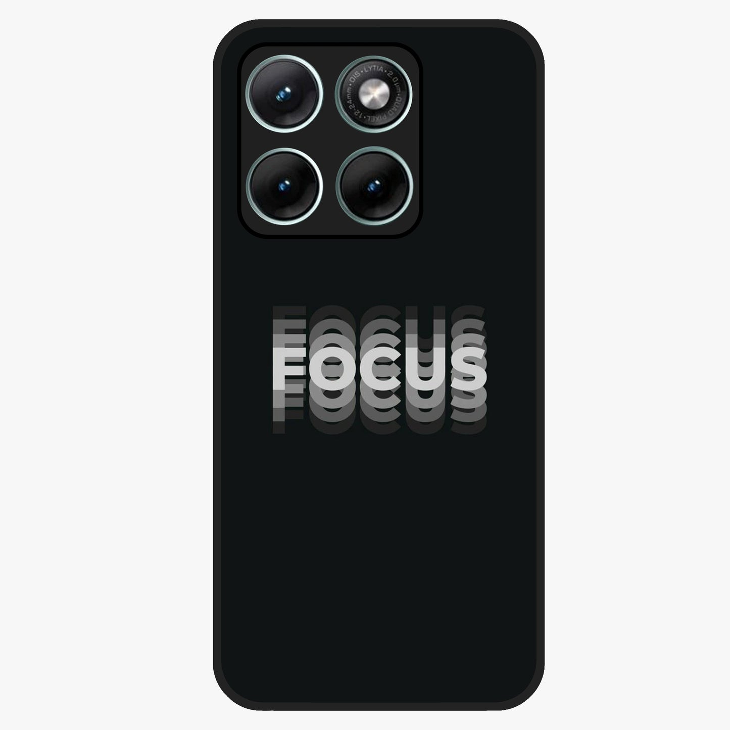 Focus Mode On Glass Case showing flat back view with bold motivational typography design and glossy glass finish.