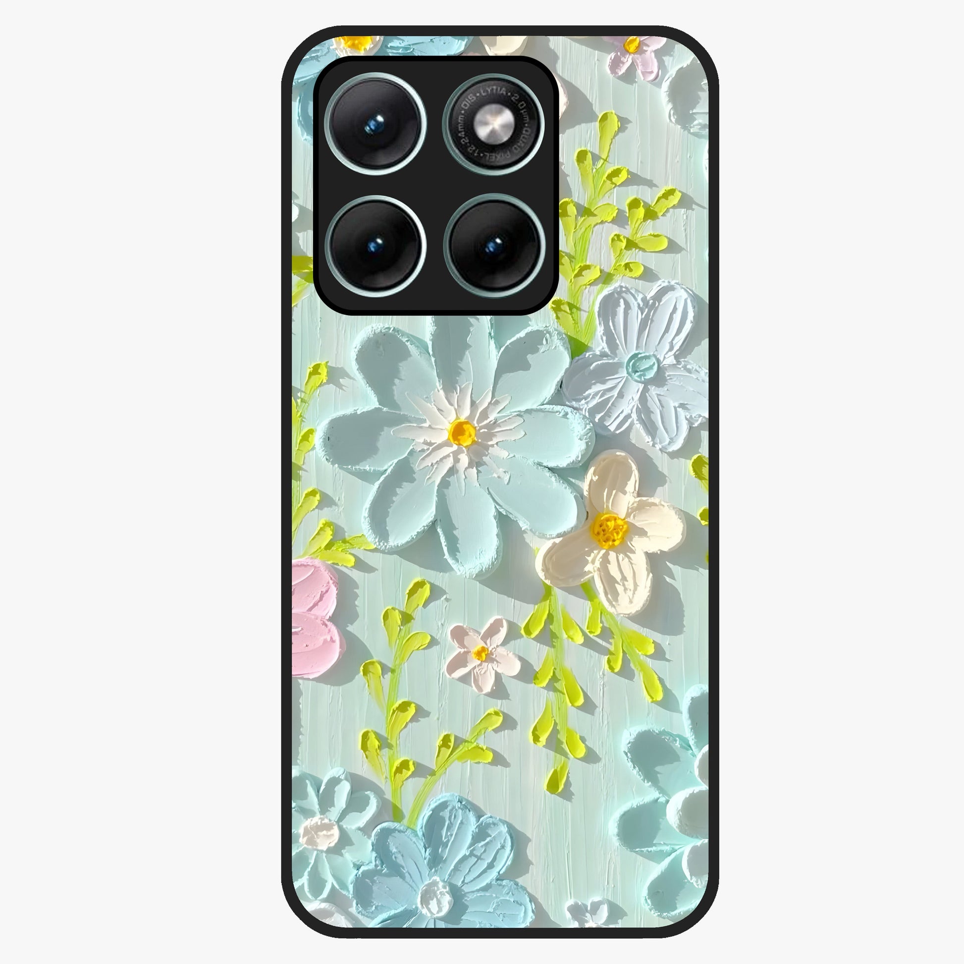 Frosted Petal Garden Glass Case showing flat back view with soft frosted floral artwork and glossy glass finish.