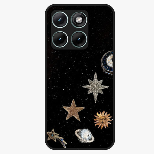Galactic Charm Glow Glass Case showing flat back view with glowing celestial charm artwork and glossy glass finish.