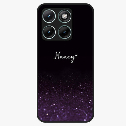 Glittery Purple Bokeh Custom Name Glass Case showing flat back view with purple bokeh sparkle artwork and personalized name design.