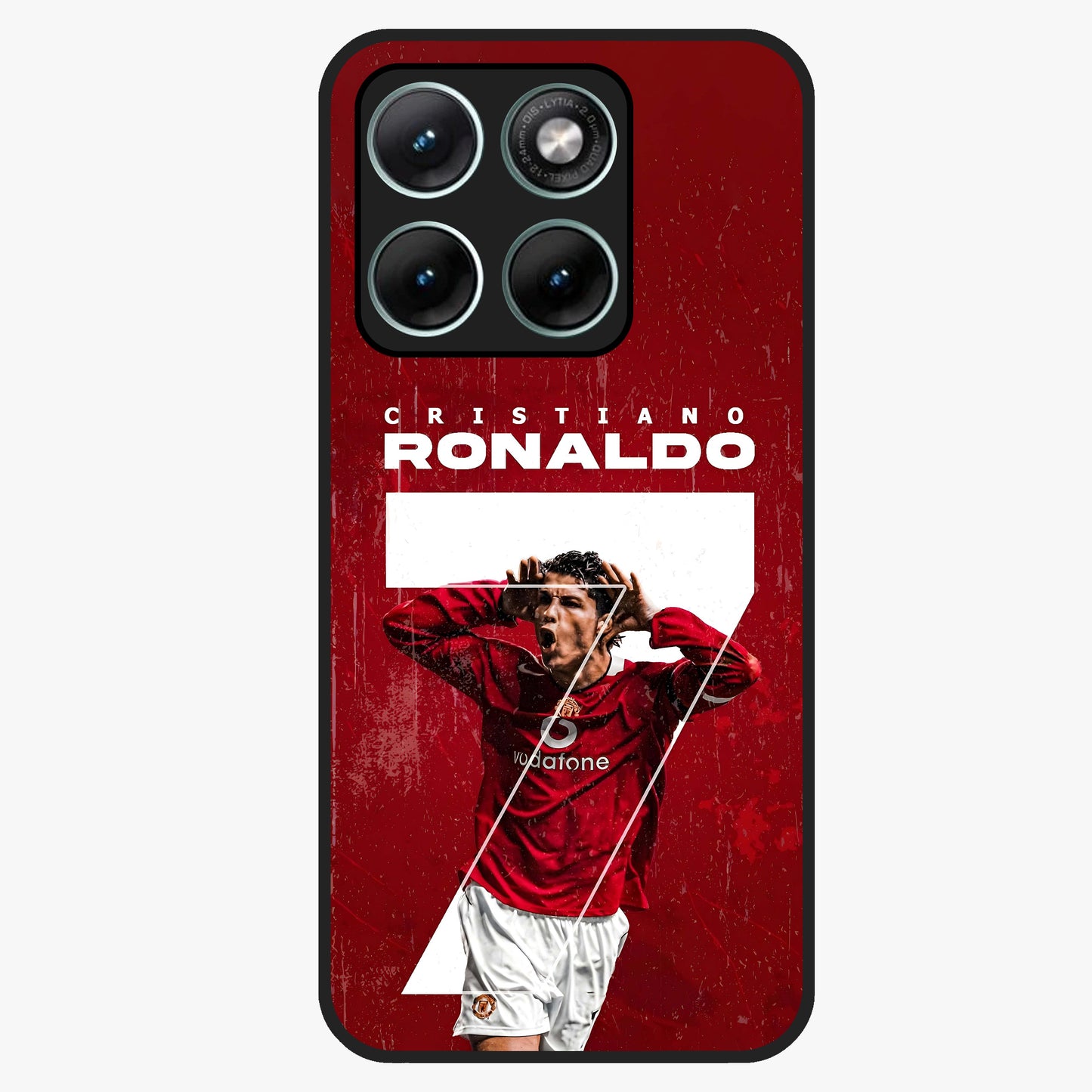Goal Celebration Legacy Glass Case showing flat back view with football celebration inspired artwork and glossy glass finish.