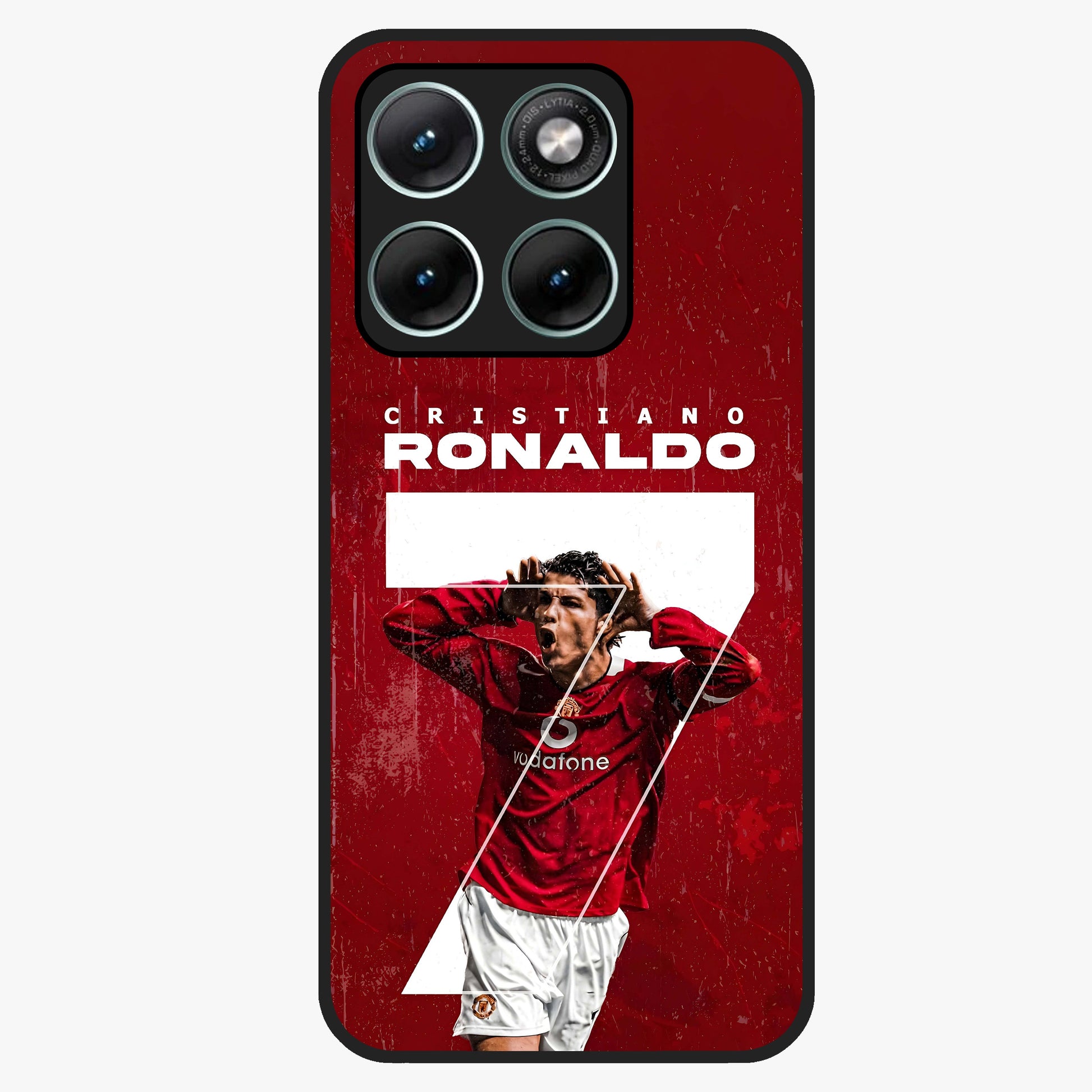 Goal Celebration Legacy Glass Case showing flat back view with football celebration inspired artwork and glossy glass finish.