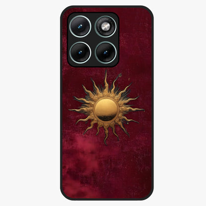 Gold Sun Blush Glass Case showing flat back view with golden sun inspired artwork and glossy glass finish.