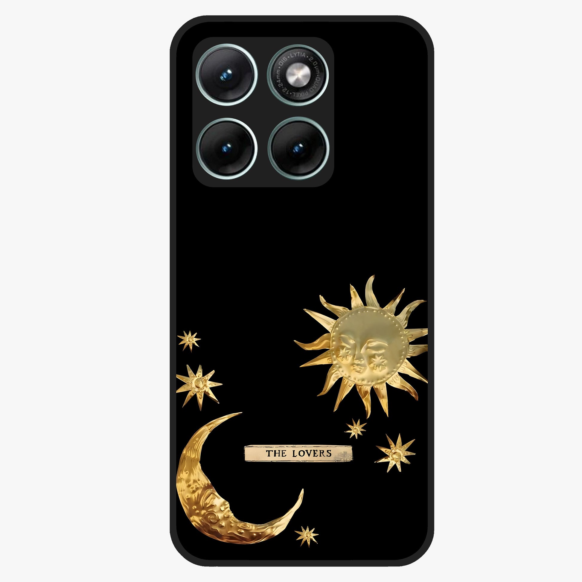 Golden Celestial Charm Glass Case showing flat back view with golden celestial charm artwork and glossy glass finish.