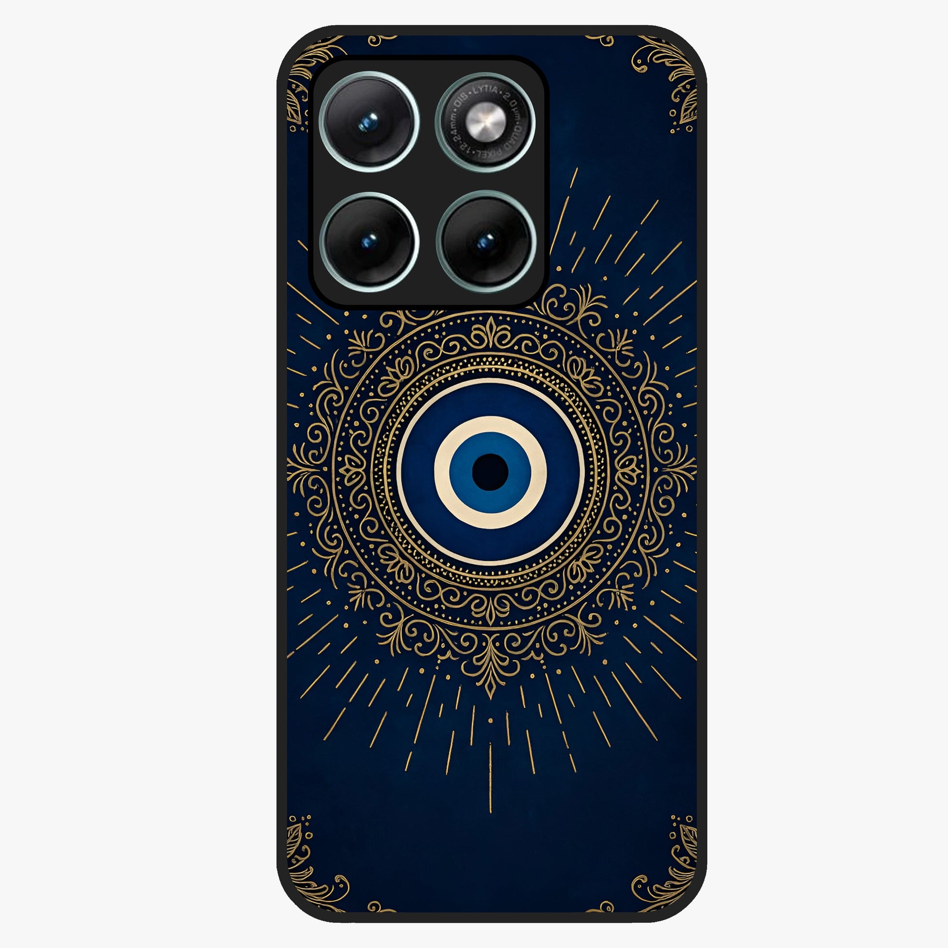 Golden Evil Eye Mandala Glass Case showing flat back view with intricate evil eye mandala artwork and glossy glass finish.