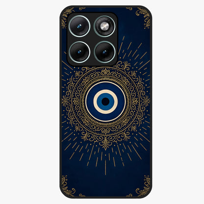 Golden Evil Eye Mandala Glass Case showing flat back view with intricate evil eye mandala artwork and glossy glass finish.