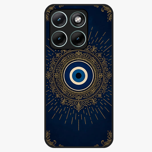 Golden Evil Eye Mandala Glass Case showing flat back view with intricate evil eye mandala artwork and glossy glass finish.