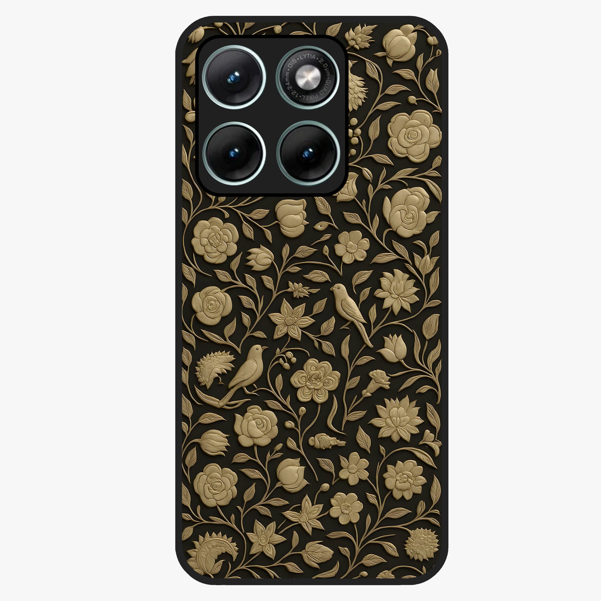 Golden Floral Majesty Glass Case showing flat back view with luxurious golden floral artwork and glossy glass finish.