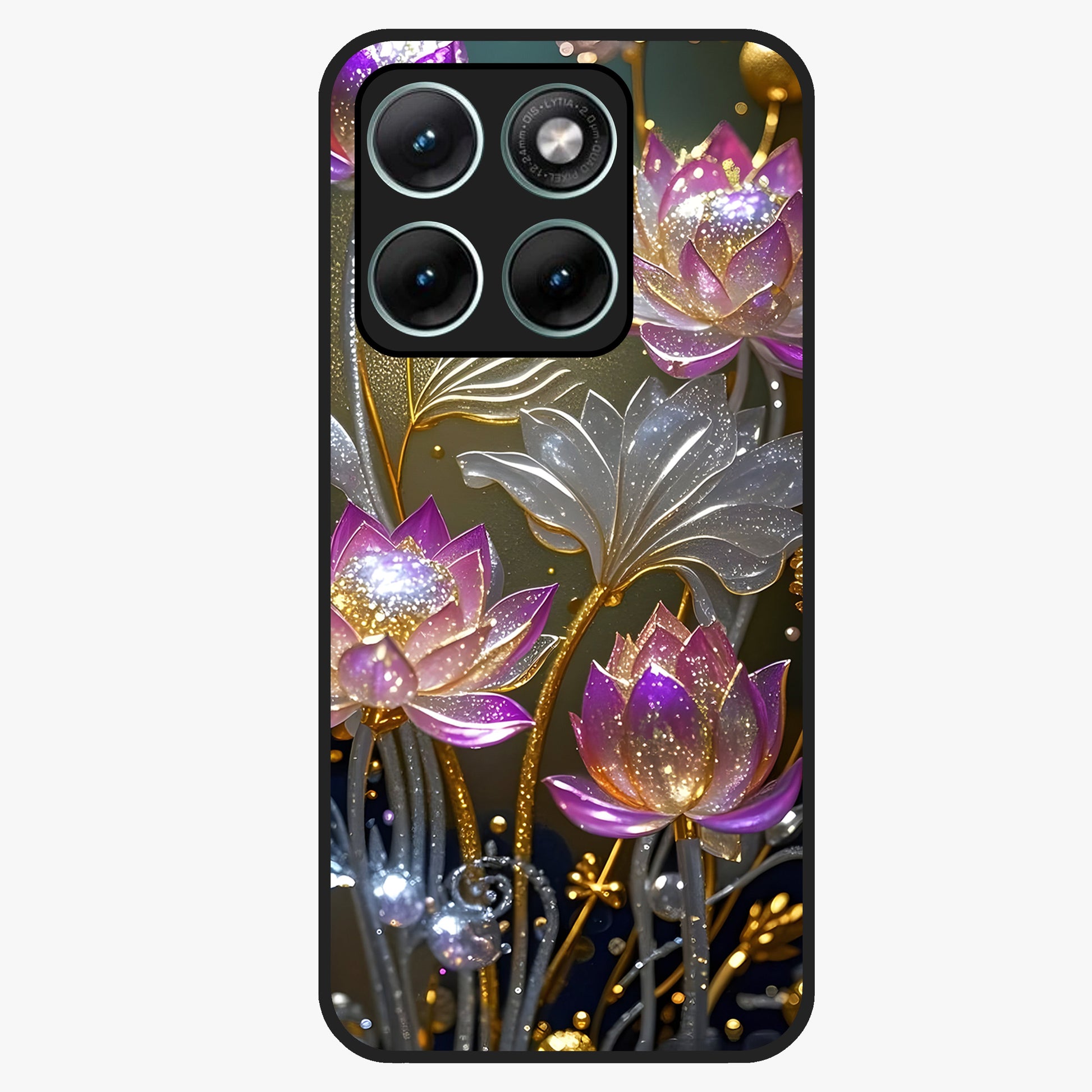 Golden Lotus Glow Glass Case showing flat back view with glowing lotus flower artwork and glossy glass finish.