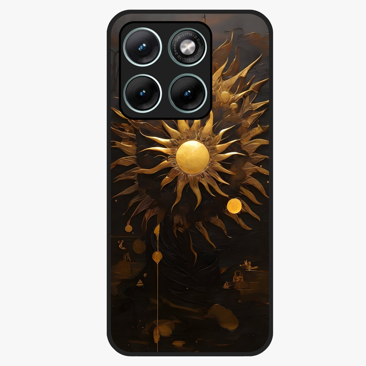 Golden Sun Majesty Glass Case showing flat back view with radiant golden sun artwork and glossy glass finish.