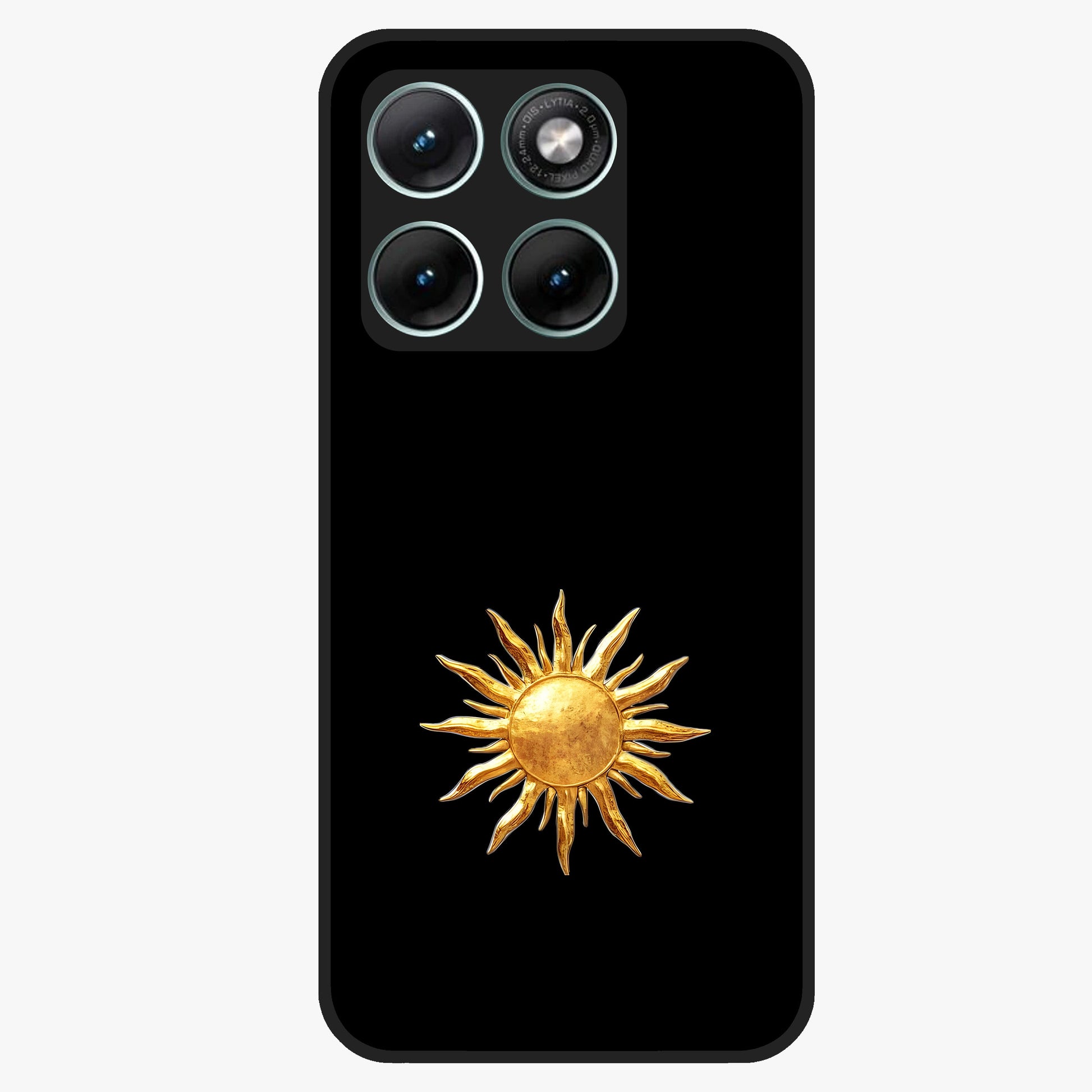 Golden Sun Minimalism Glass Case showing flat back view with minimal golden sun artwork and glossy glass finish.