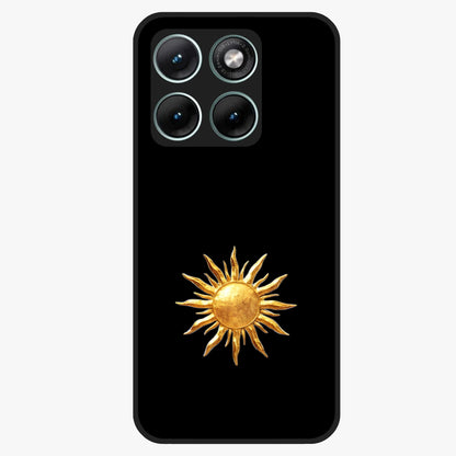 Golden Sun Minimalism Glass Case showing flat back view with minimal golden sun artwork and glossy glass finish.
