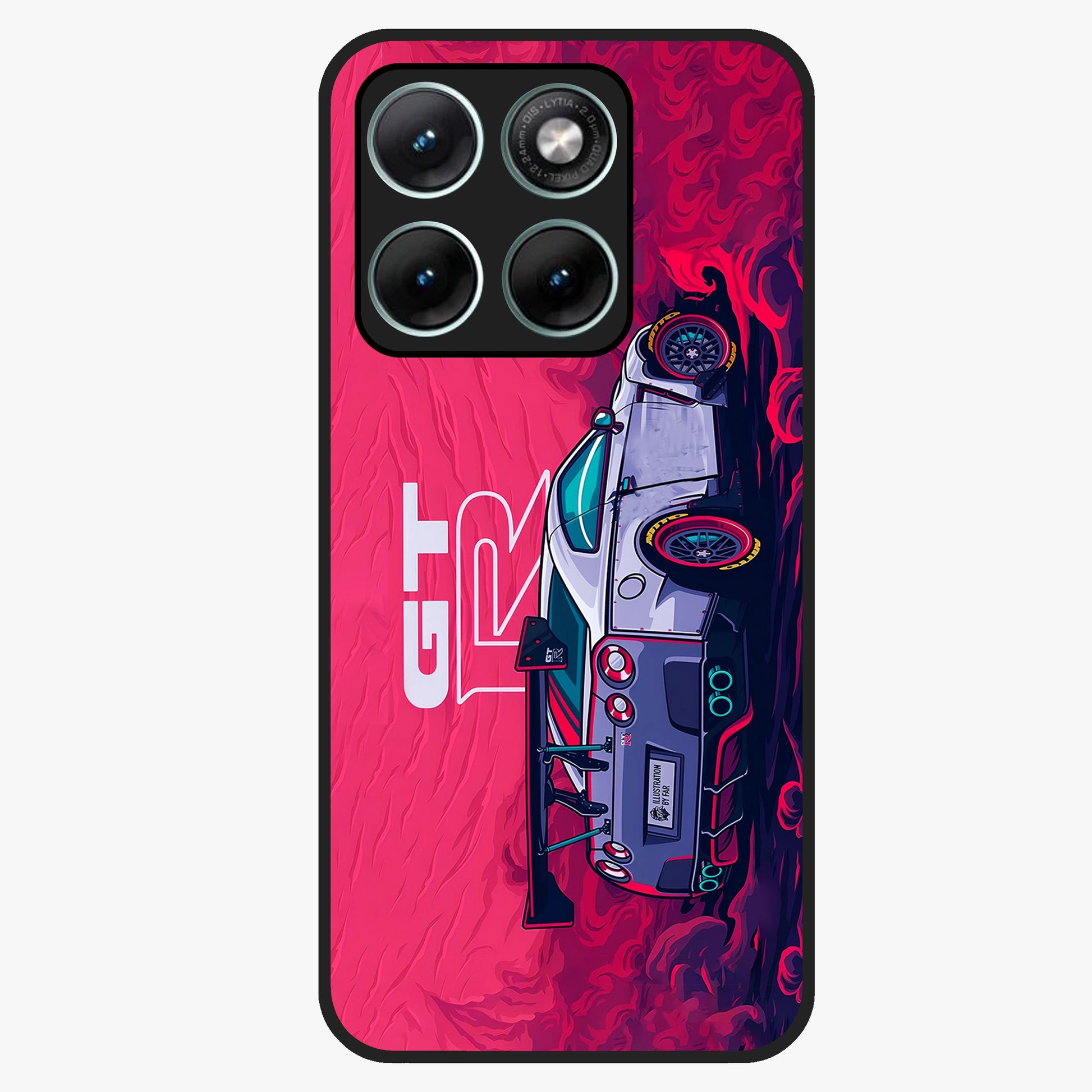 GT-R Car Pattern Glass Case showing flat back view with sporty car inspired pattern artwork and glossy glass finish.