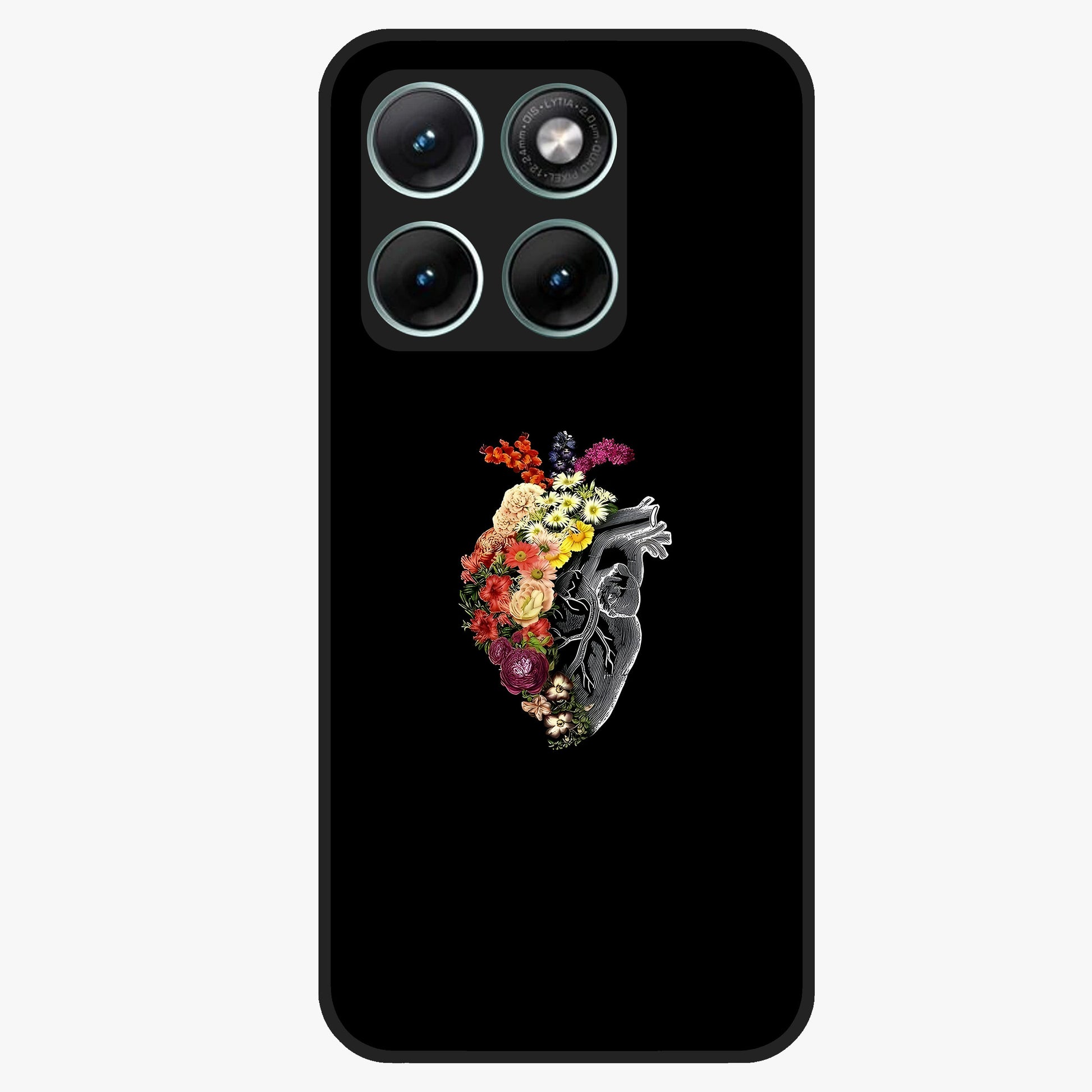 Heart With Flowers Glass Case showing flat back view with heart shaped floral artwork and glossy glass finish.