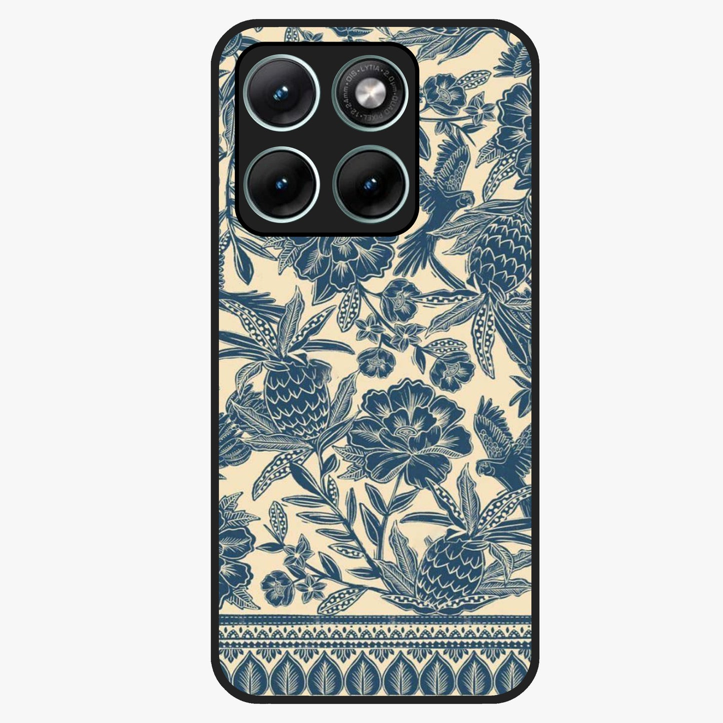 Heirloom Wild Bloom Glass Case showing flat back view with vintage inspired wild flower artwork and glossy glass finish.