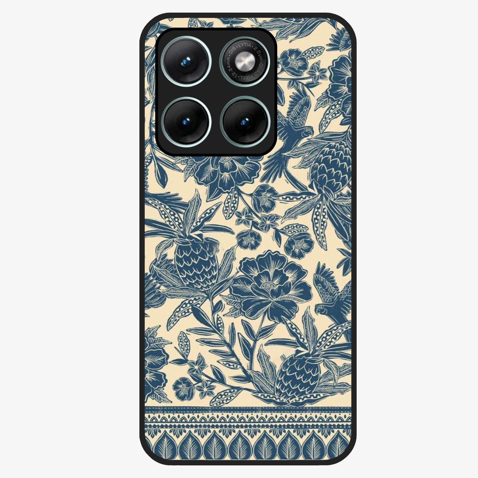Heirloom Wild Bloom Glass Case showing flat back view with vintage inspired wild flower artwork and glossy glass finish.
