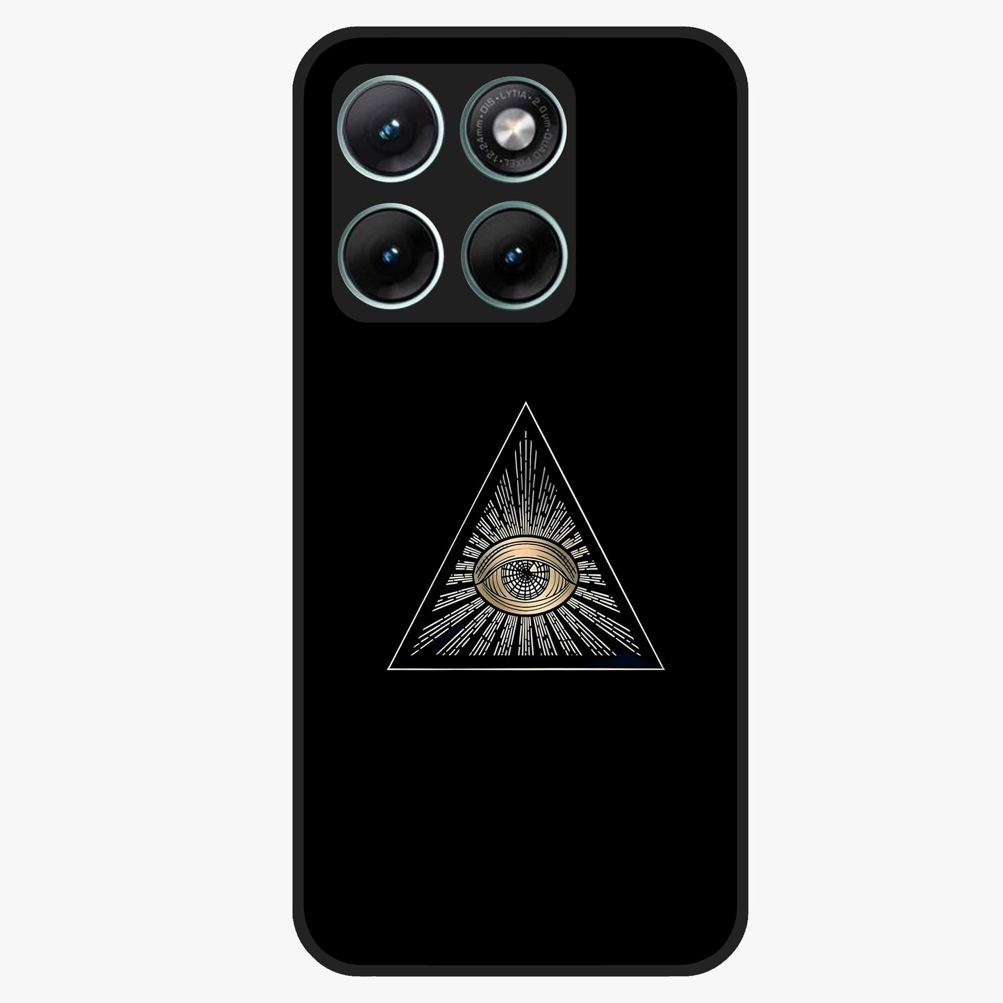 Illuminati Evil Glass Case showing flat back view with mysterious illuminati symbol artwork and glossy glass finish.