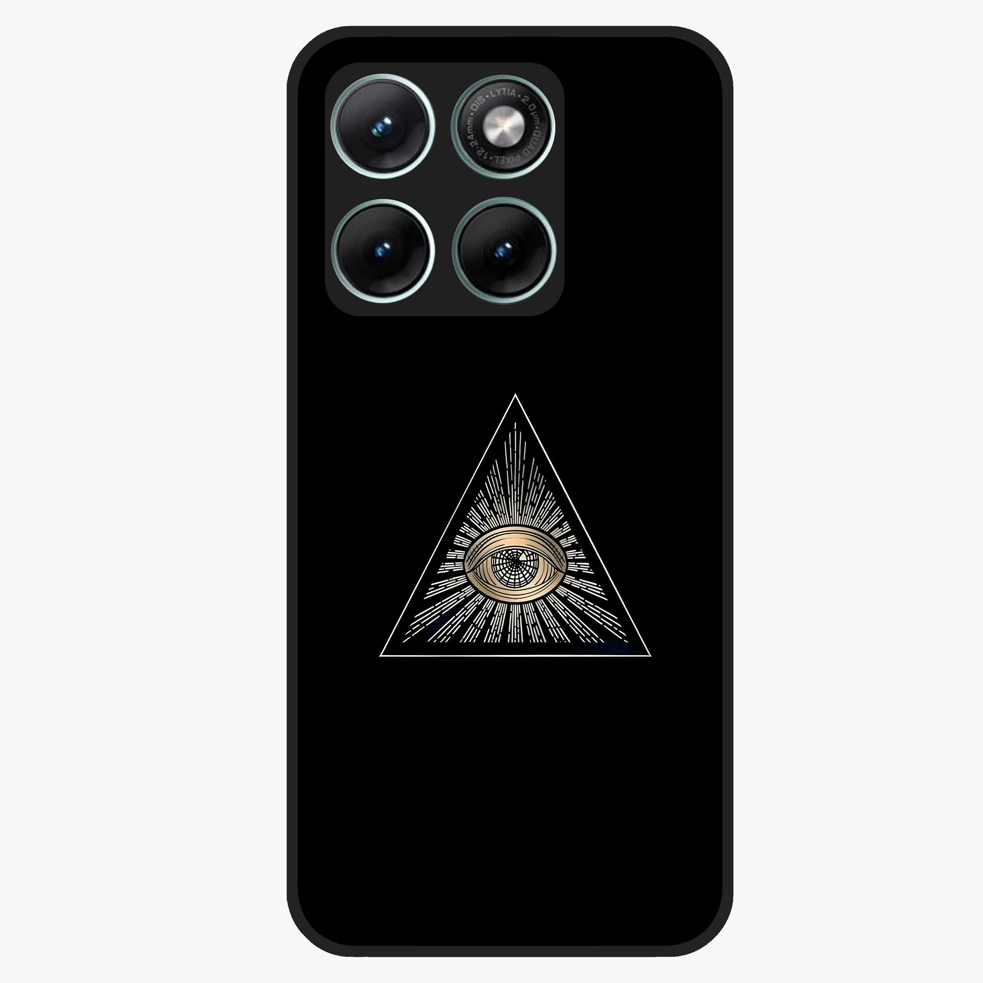 Illuminati Evil Glass Case showing flat back view with mysterious illuminati symbol artwork and glossy glass finish.