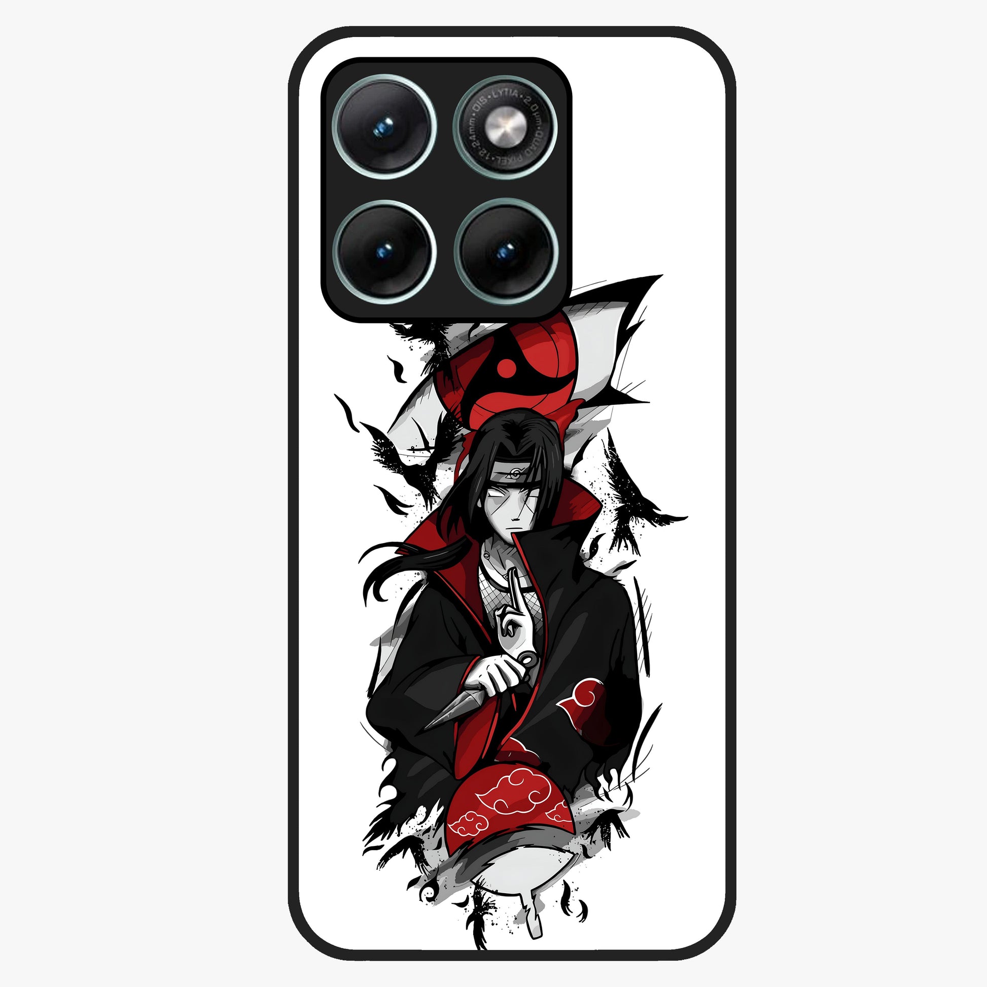 Itachi Sharingan Glass Case showing flat back view with powerful anime eye artwork and glossy glass finish.