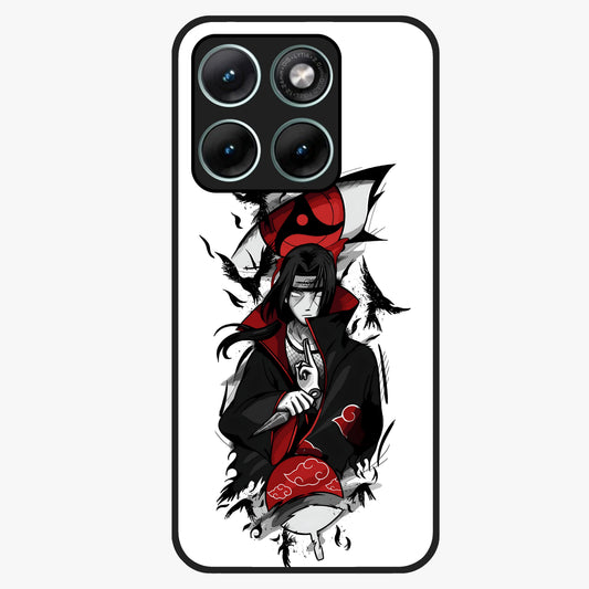 Itachi Sharingan Glass Case showing flat back view with powerful anime eye artwork and glossy glass finish.