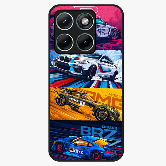JDM Sports Car Glass Case showing flat back view with high performance sports car artwork and glossy glass finish.