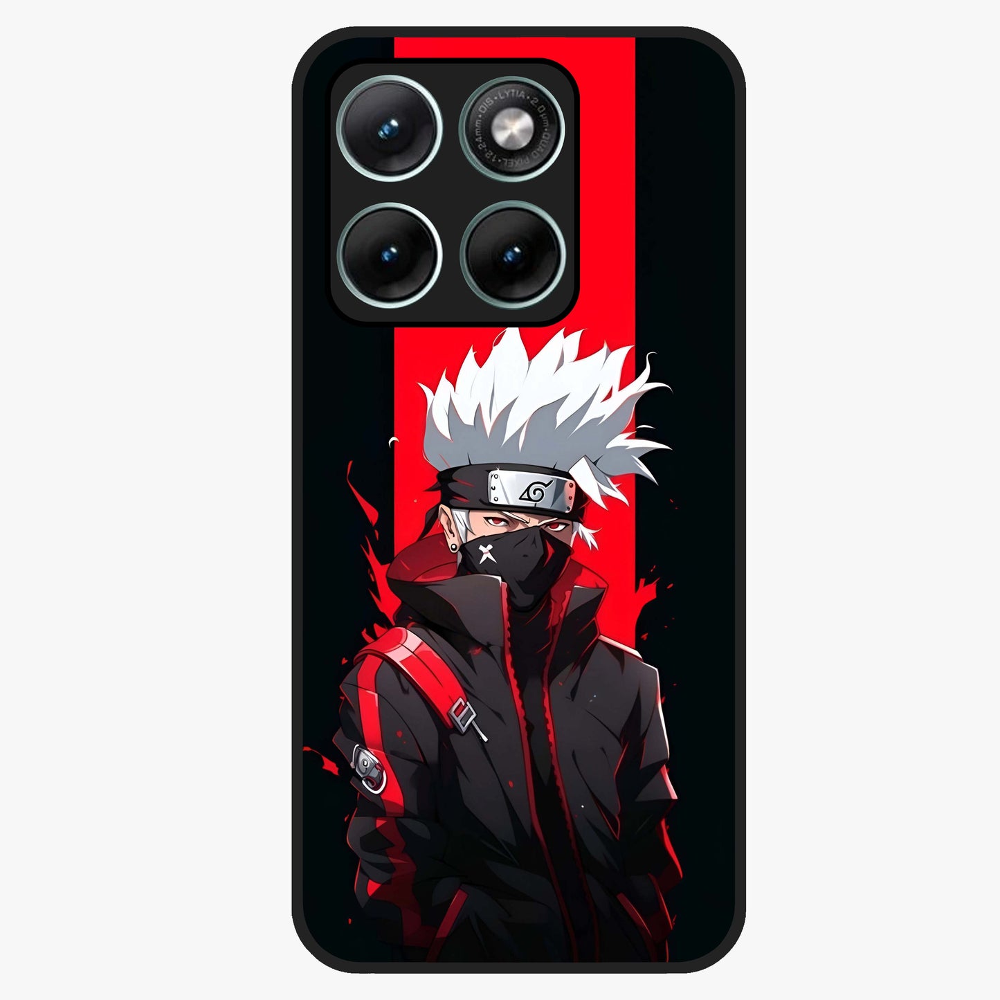 Kakashi Scarlet Shadow Glass Case showing flat back view with powerful anime ninja artwork and glossy glass finish.