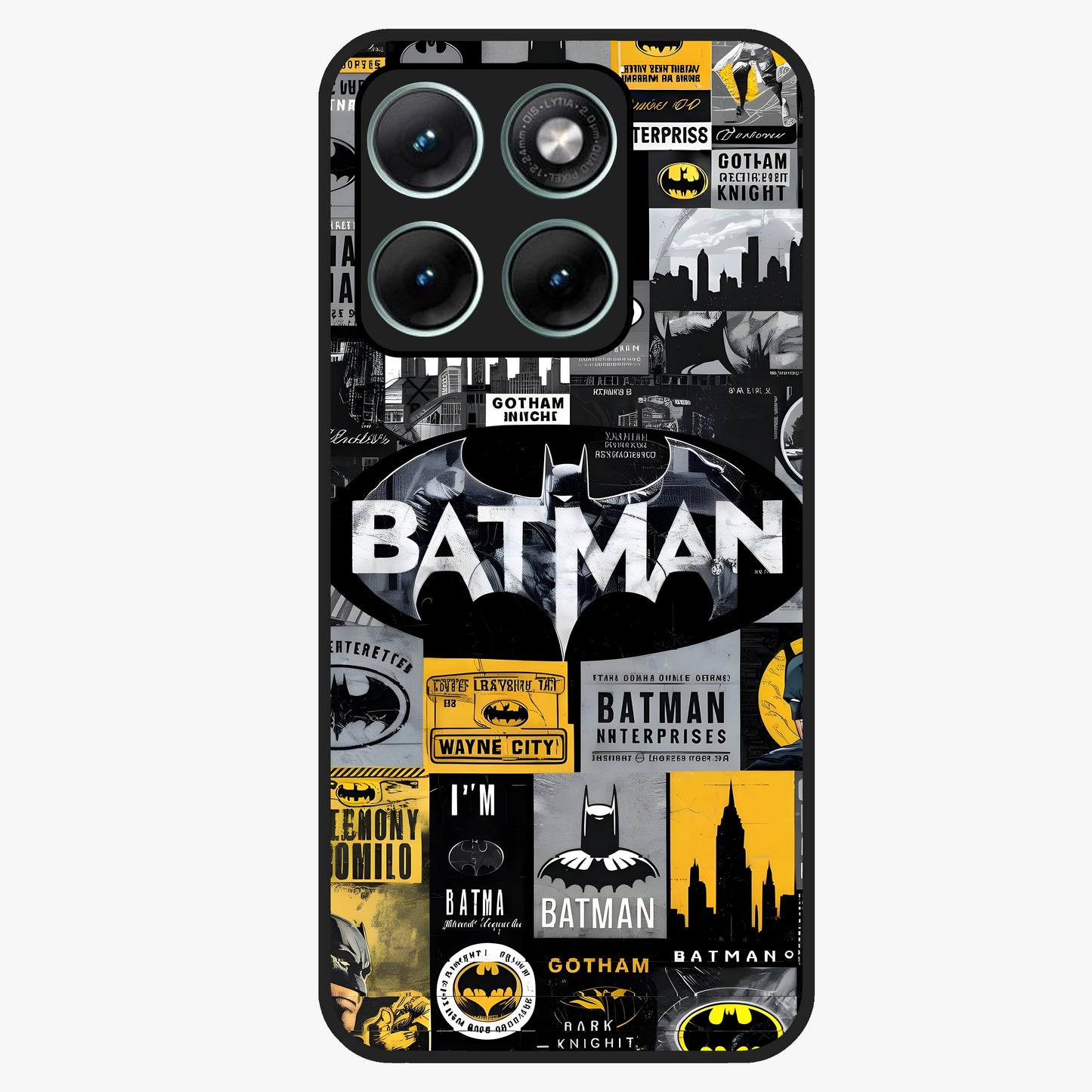Knight Gotham Rise Glass Case showing flat back view with dark hero inspired artwork and glossy glass finish.