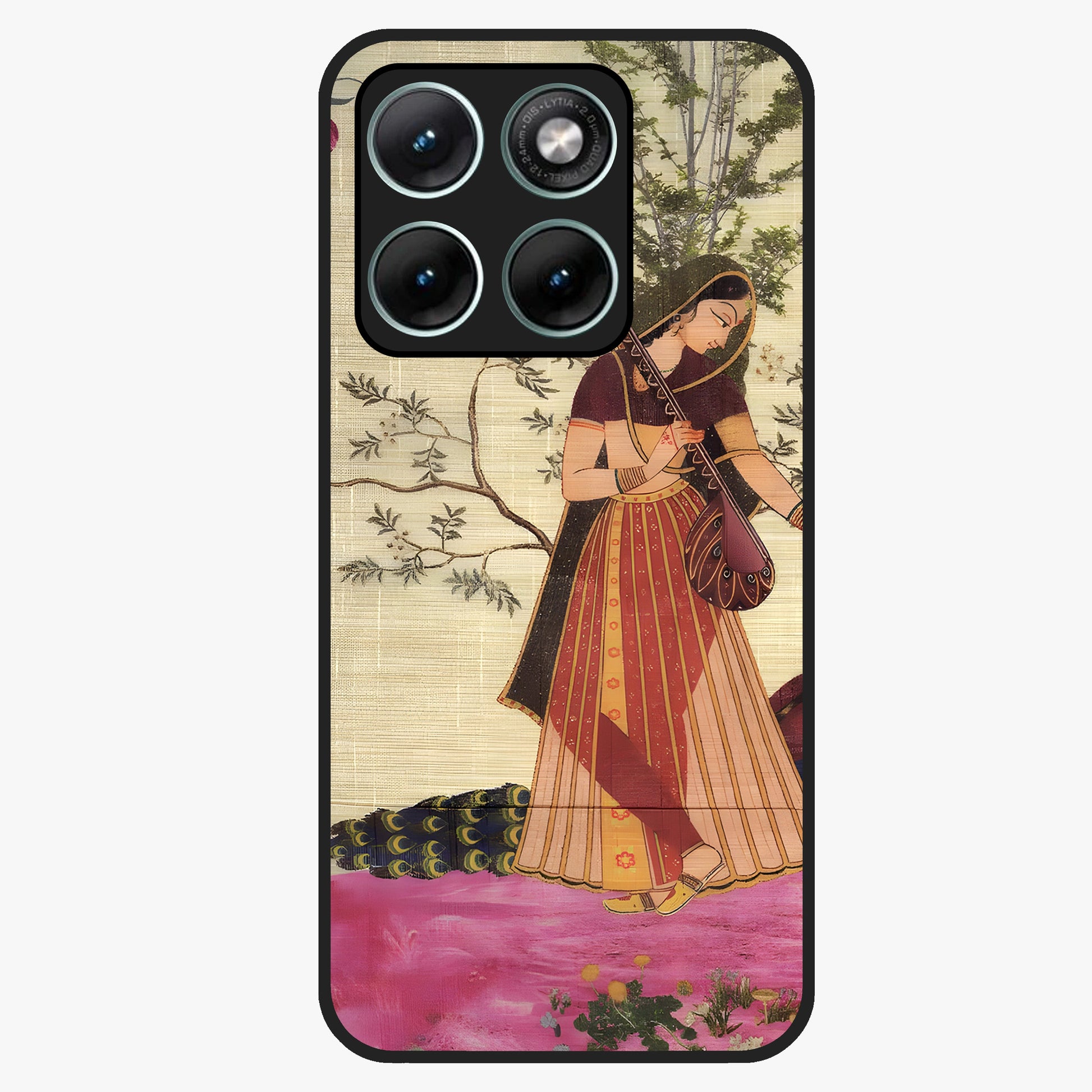 Lady With Veena Art Glass Case showing flat back view with elegant woman playing veena artwork and glossy glass finish.