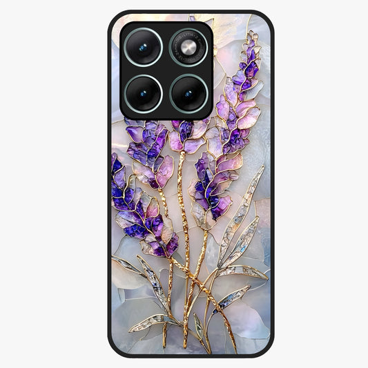 Lavender Dream Glow Glass Case showing flat back view with glowing lavender aesthetic artwork and glossy glass finish.