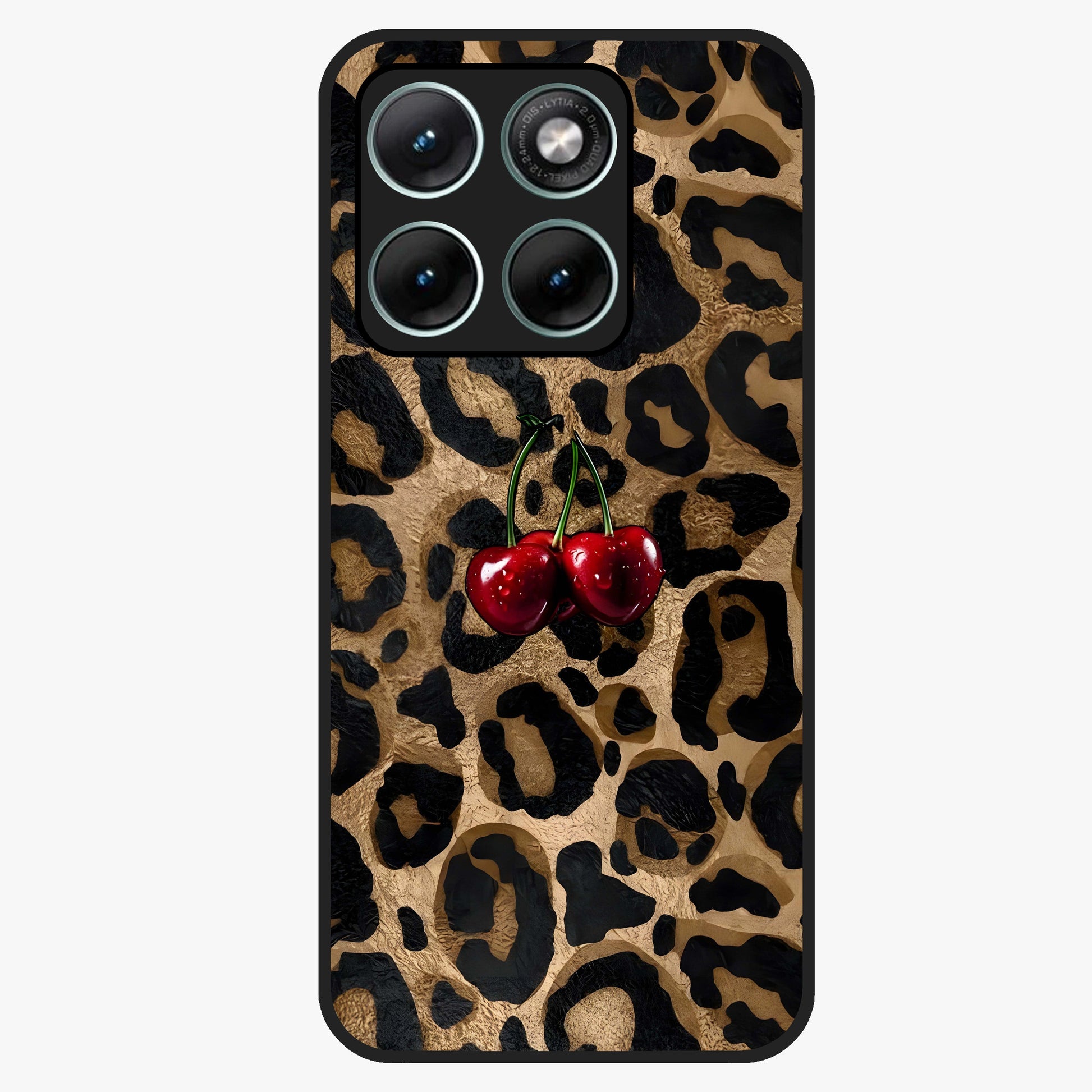 Leopard Wild Cherry Glass Case showing flat back view with leopard pattern and cherry artwork and glossy glass finish.