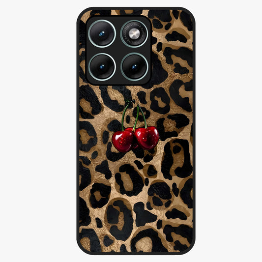 Leopard Wild Cherry Glass Case showing flat back view with leopard pattern and cherry artwork and glossy glass finish.