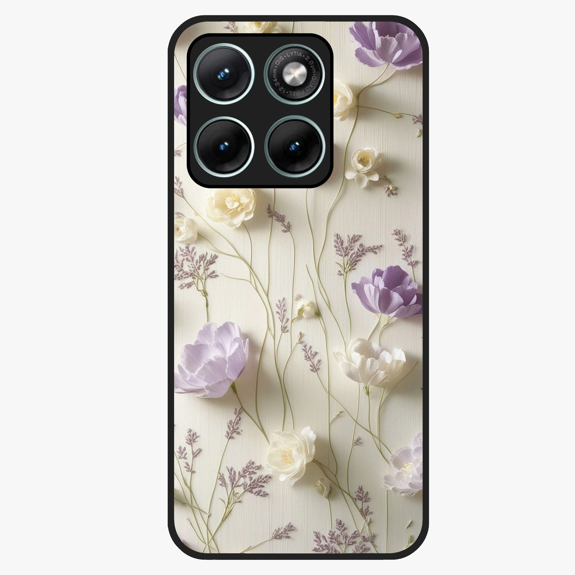 Lilac Breeze Harmony Glass Case showing flat back view with soft lilac themed artwork and glossy glass finish.