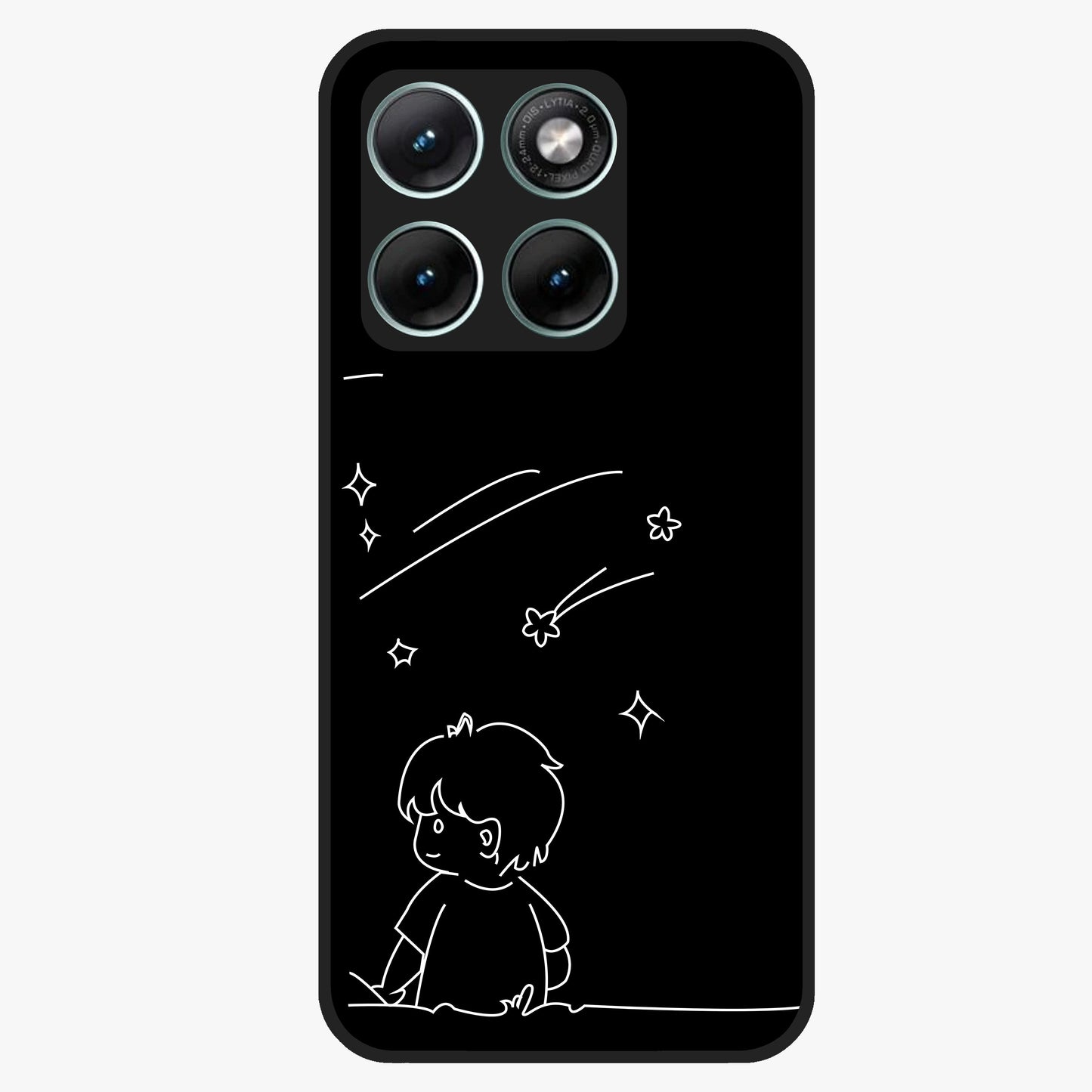 Line Art Boy With Shooting Stars Glass Case showing flat back view with minimal line art boy and shooting stars illustration and glossy glass finish.
