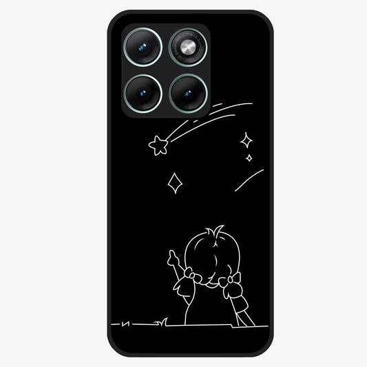 Line Art Girl With Shooting Stars Glass Case showing flat back view with minimal line art girl and shooting stars illustration and glossy glass finish.