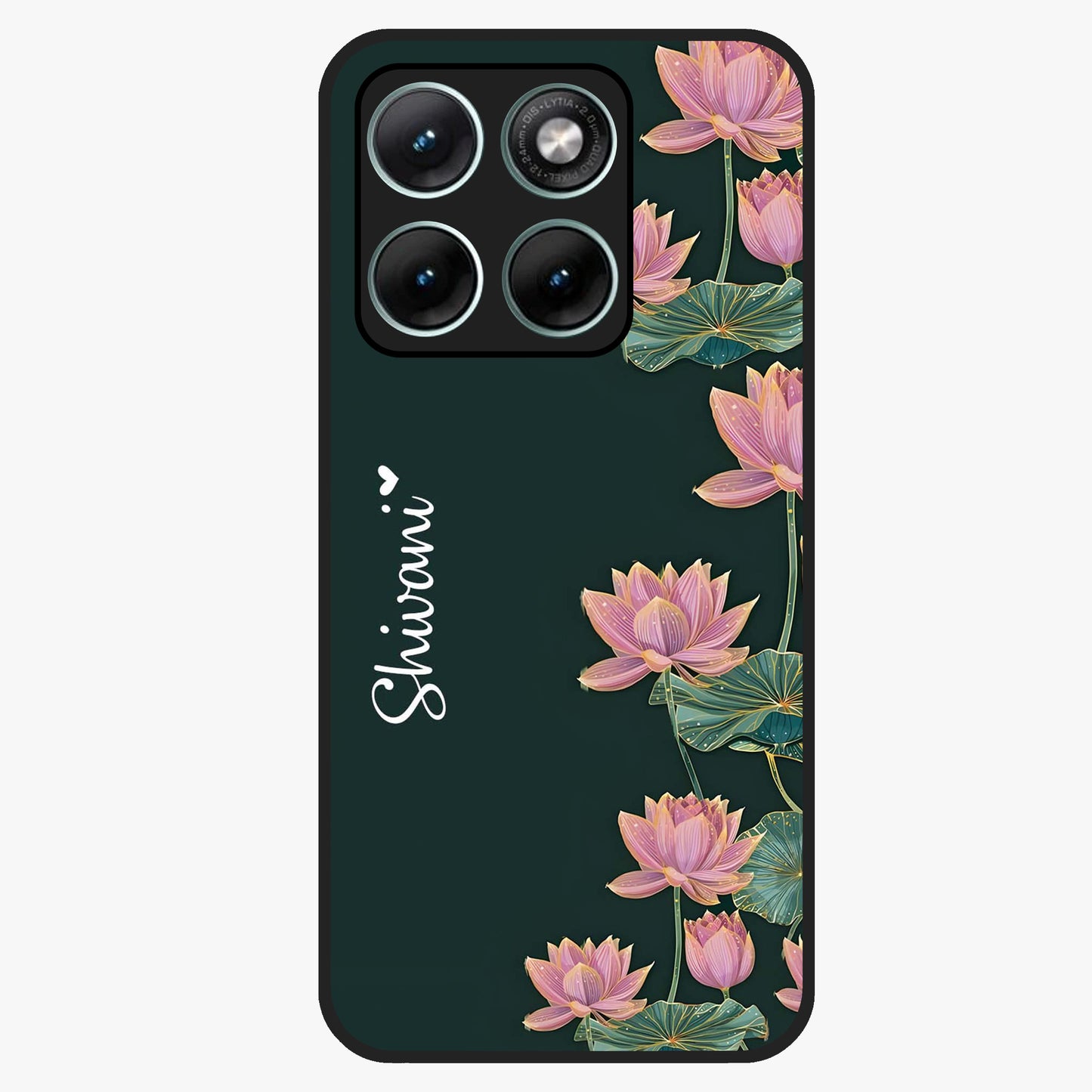 Lotus Bloom Serenity Custom Name Glass Case showing flat back view with elegant lotus flower artwork and personalized name design.