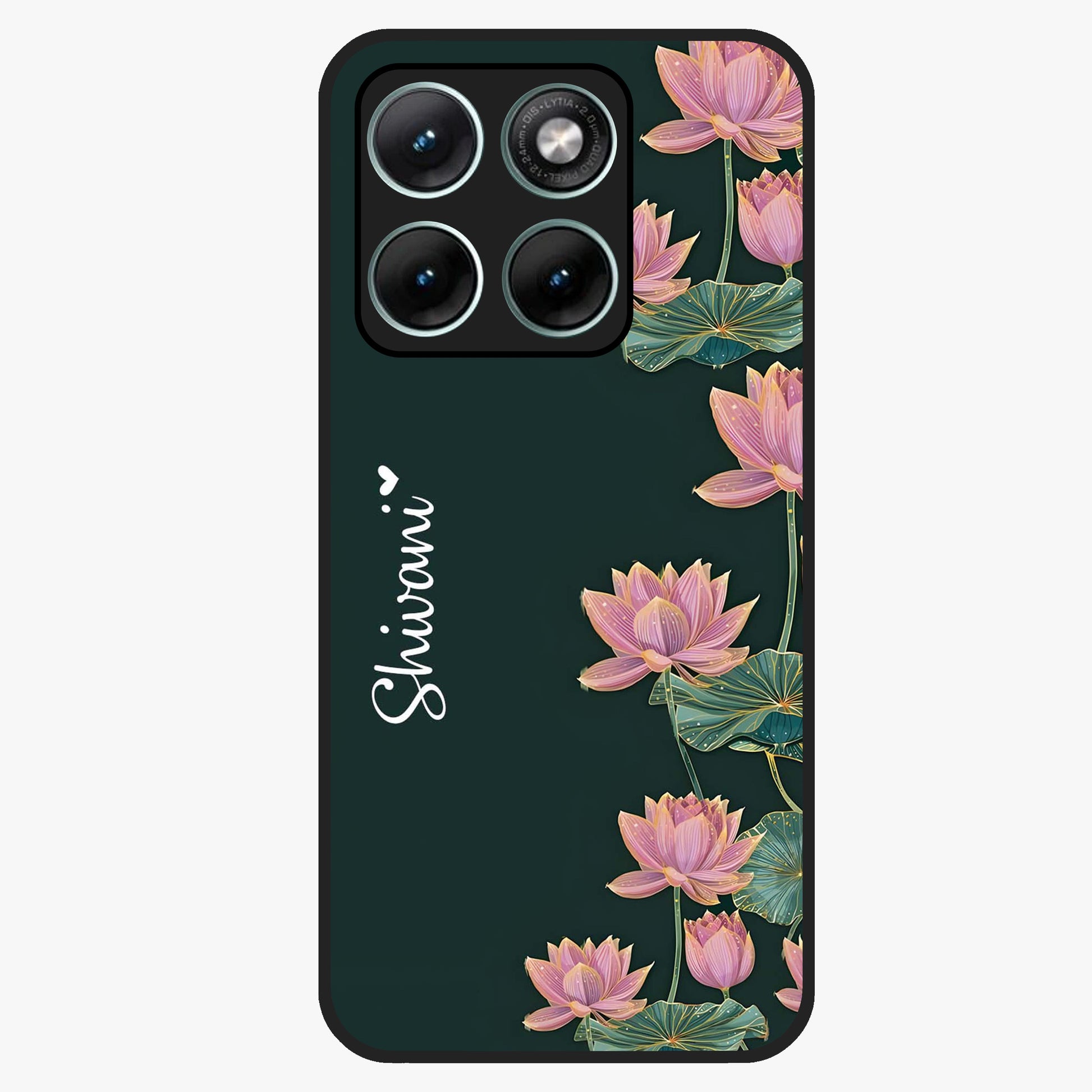 Lotus Bloom Serenity Custom Name Glass Case showing flat back view with elegant lotus flower artwork and personalized name design.