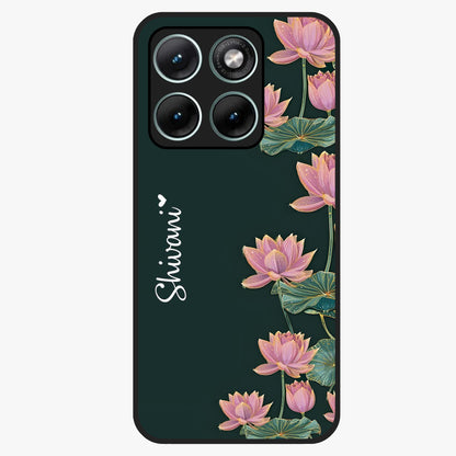 Lotus Bloom Serenity Custom Name Glass Case showing flat back view with elegant lotus flower artwork and personalized name design.