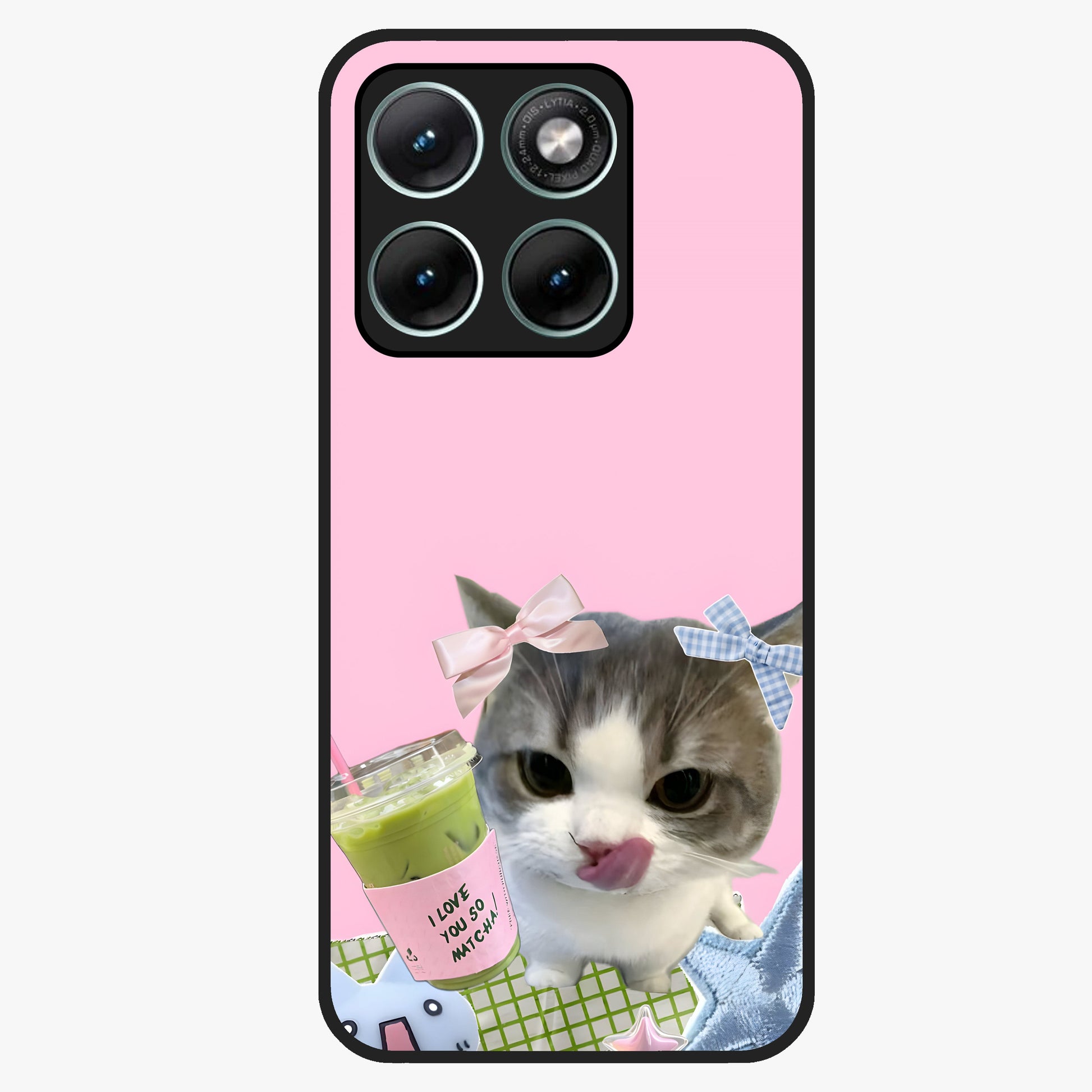 Love Matcha Cat Glass Case showing flat back view with cute cat and matcha themed artwork and glossy glass finish.